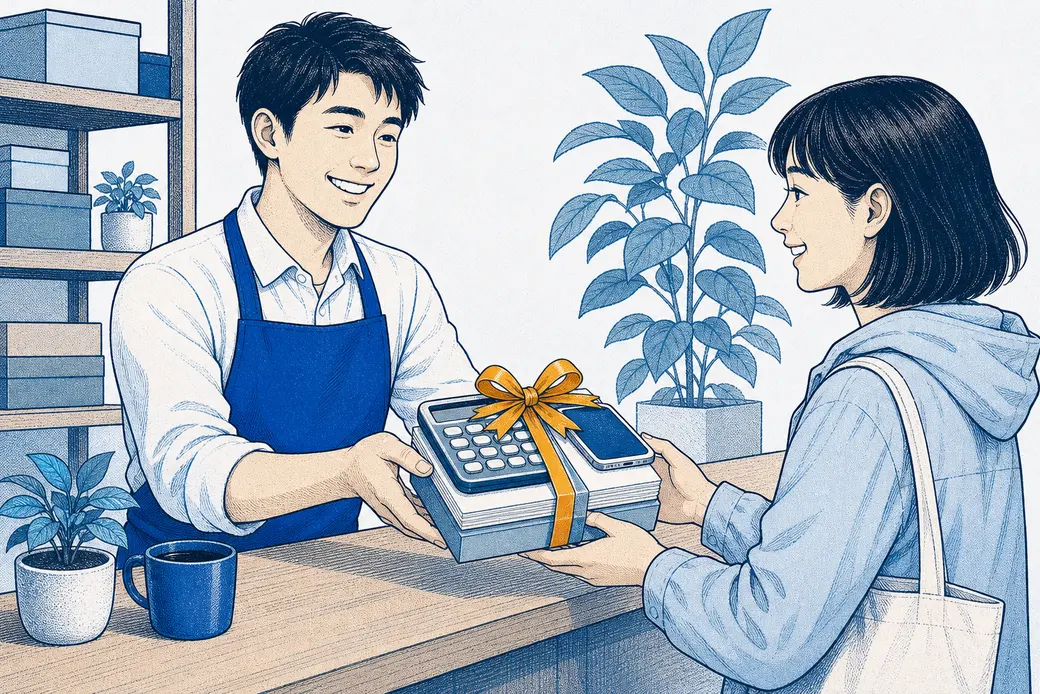 店家把用緞帶綁成一包的計算機、手機和單據遞給客人