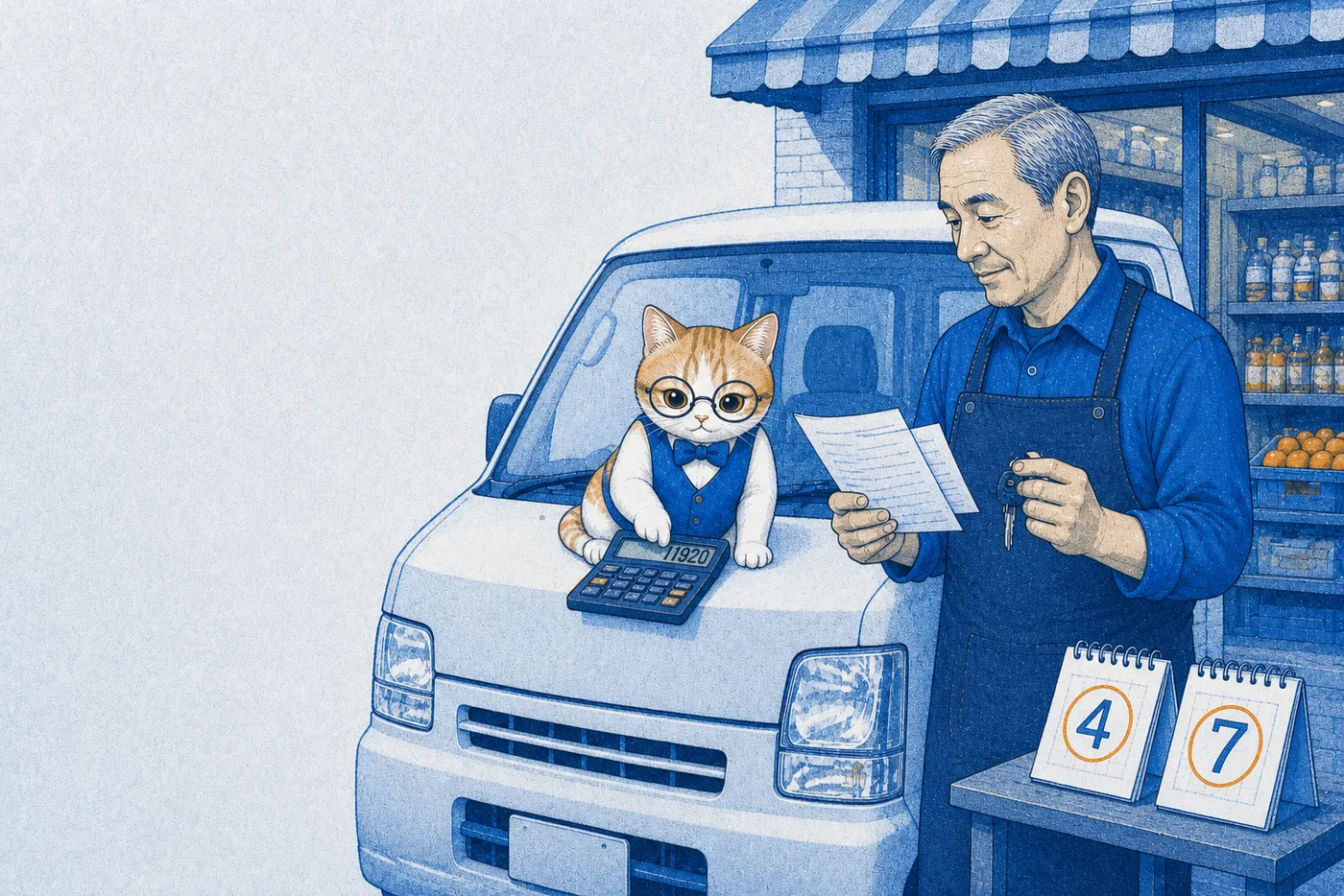 六十出頭的店老闆站在小貨車旁看兩張繳款單，戴眼鏡的會計貓在引擎蓋上按計算機，旁邊兩張月曆圈著 4 和 7