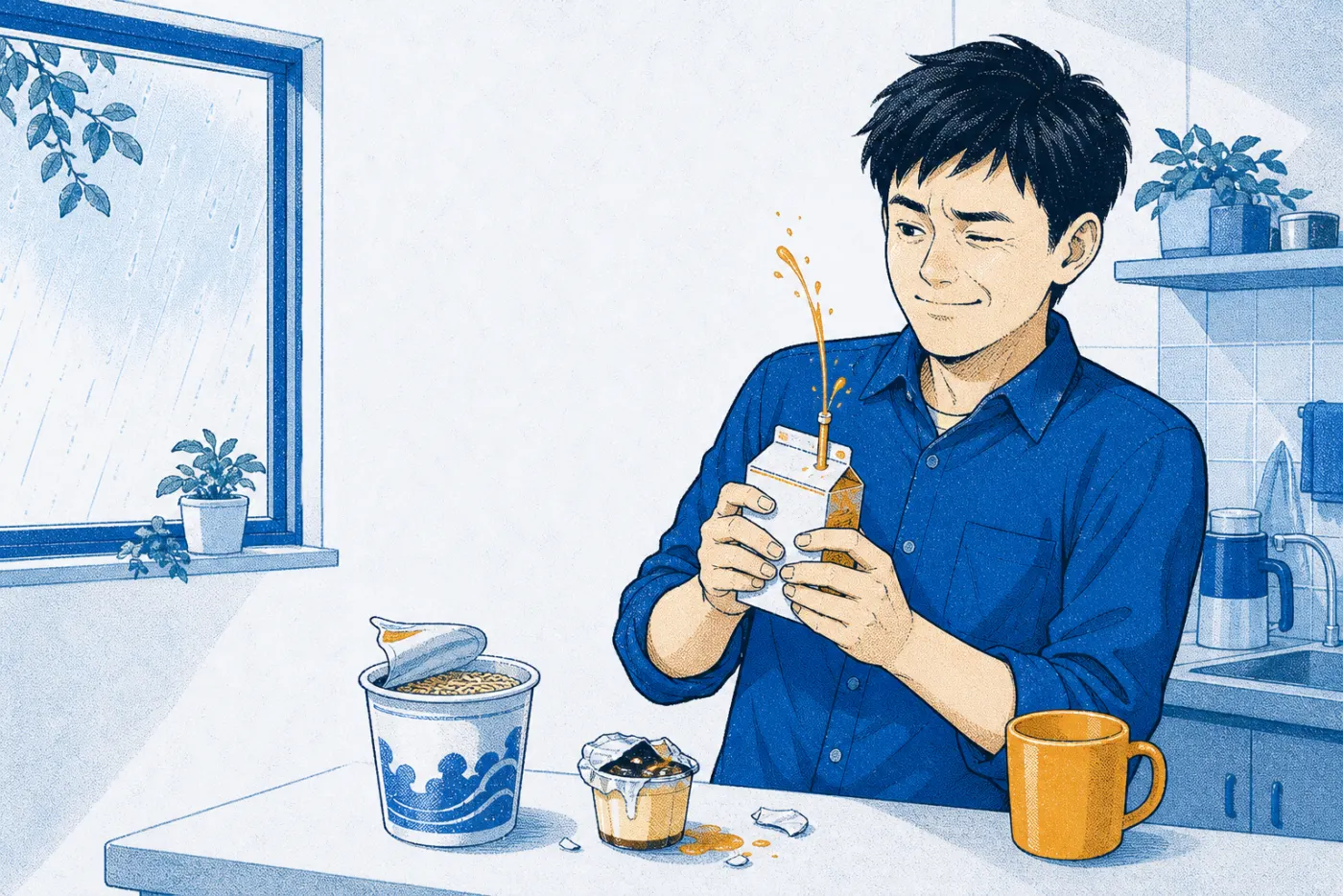 在廚房把吸管插進鋁箔包、果汁往上噴出來而苦笑的上班族插畫，桌上的布丁蓋撕破了一角
