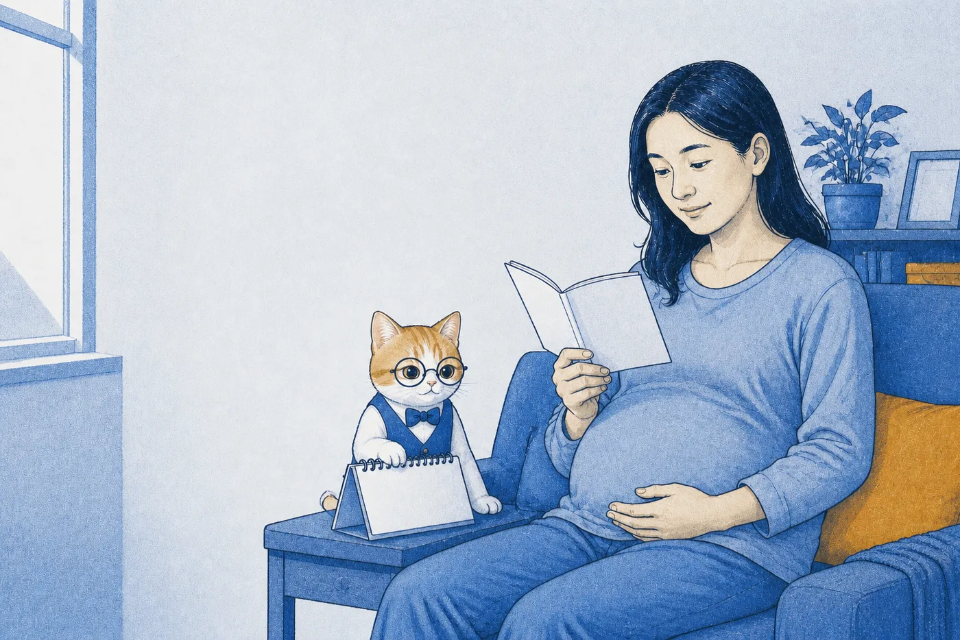 懷孕的女性坐在窗邊沙發看一本小冊子、手輕放在肚子上，戴眼鏡的會計貓在旁邊扶著桌曆