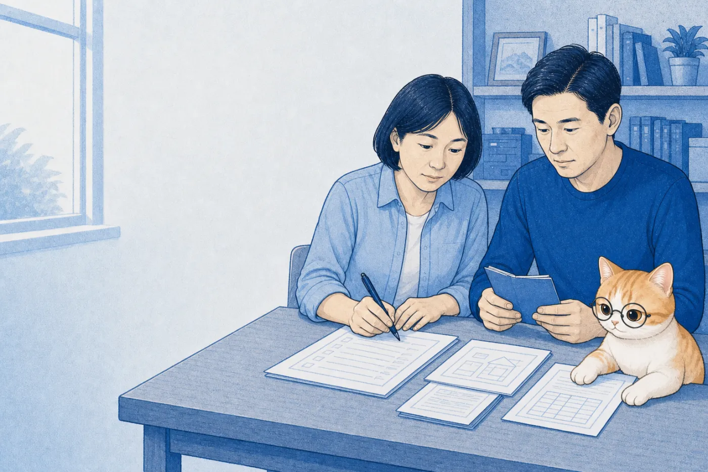 白天的書桌,一對兄妹平靜地整理父母留下的權狀、存摺和清單,戴眼鏡的會計貓前爪按在一張文件上陪著
