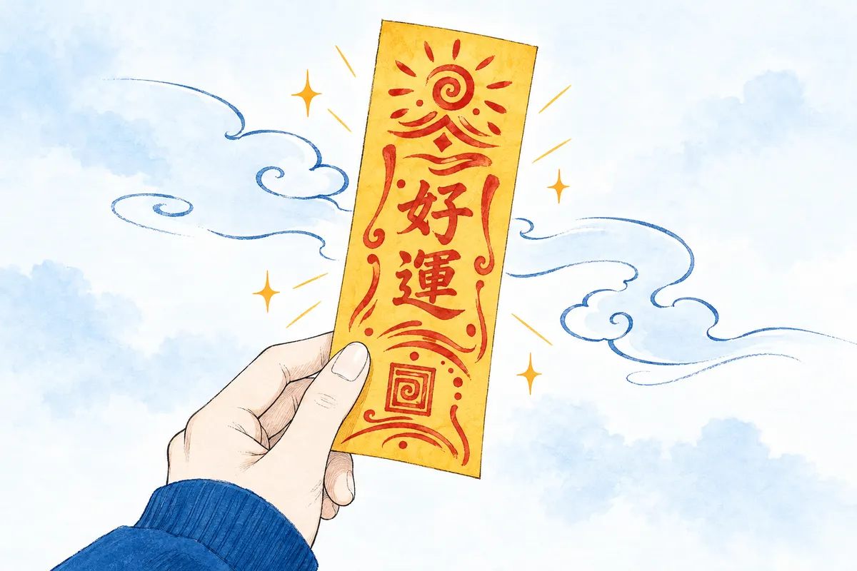 一隻手拿著寫著「好運」的黃色長條符