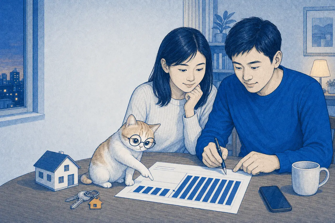 一對年輕夫妻在餐桌前看房貸攤還表，表上的長條在寬限期結束那裡一階跳高，戴眼鏡的會計貓用爪子指著那一跳