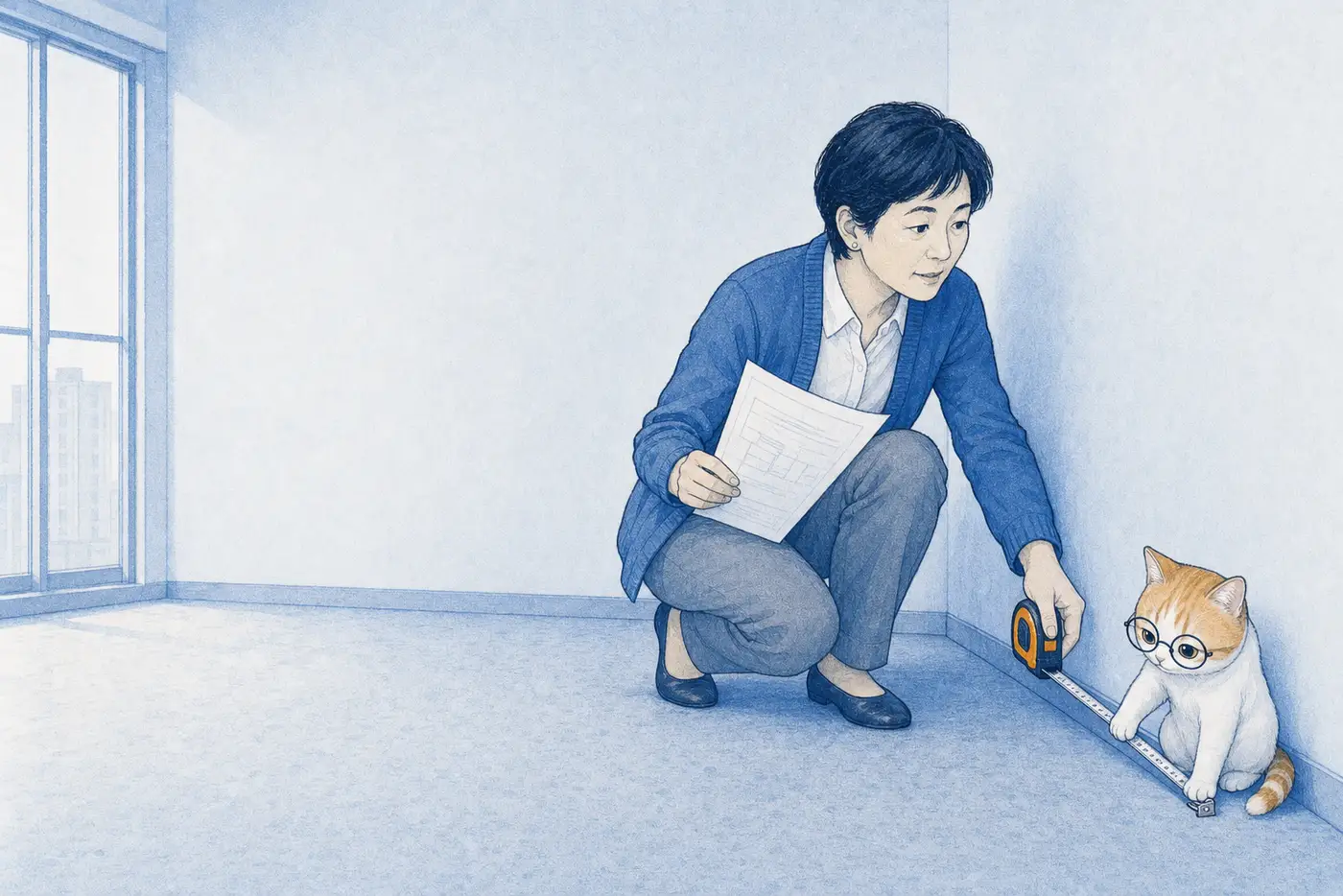 看房的中年女性蹲在空屋裡，一手拿著權狀、一手拉捲尺量牆邊，戴眼鏡的會計貓按住捲尺那一頭