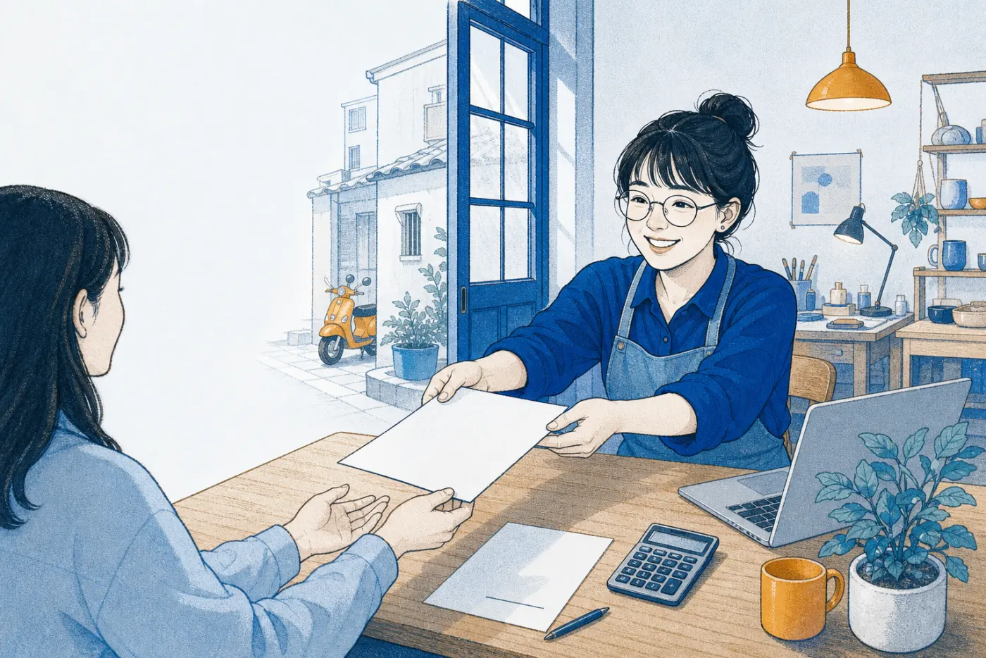 接案者隔著桌子把印好的收據遞給客戶的插畫
