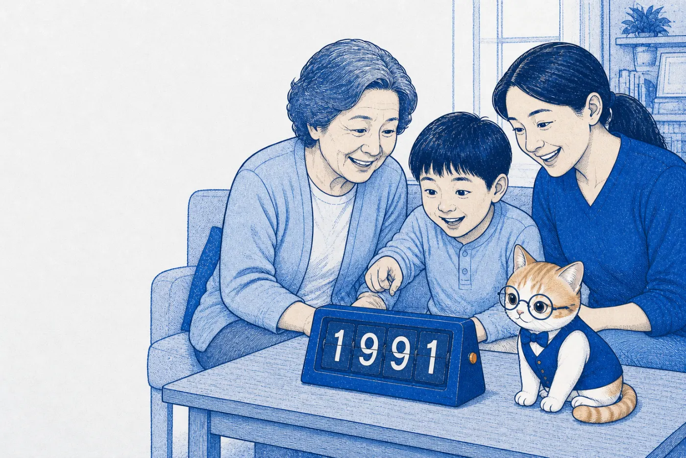 阿嬤、媽媽和小孩圍著翻頁年份牌看「1991」的插畫，戴圓眼鏡的貓在桌上